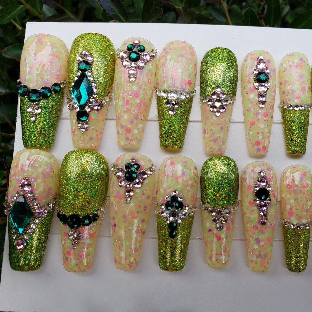 Long Coffin Gel Press on Nails " Green Lagoon "